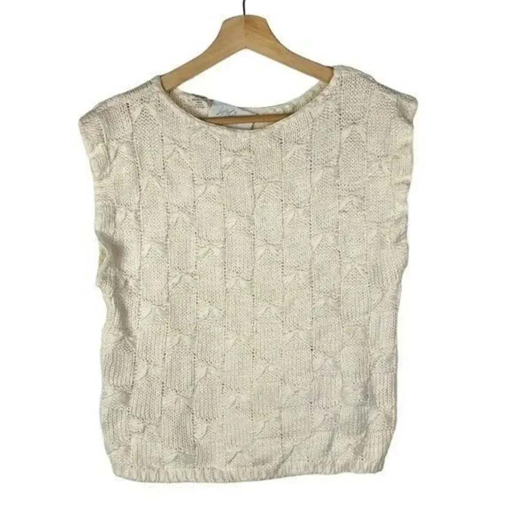 Lord & Taylor Off White Bow Textured Sleeveless Knit Sweater M